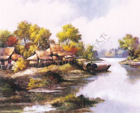 油画手绘油画湖边风光26x21厘米图片