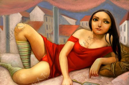 无框画装饰画油画红衣女子图片