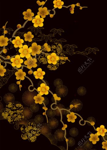 日式黑底金色梅花底纹图片