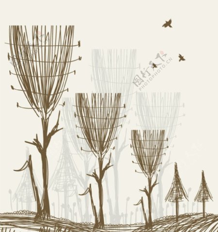 手绘线条时尚花纹树木图片