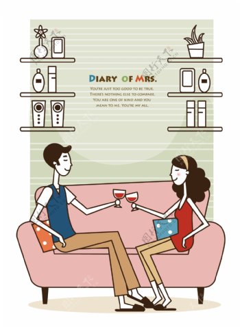在沙发上喝红酒的夫妻图片