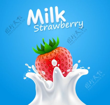 动感新鲜草莓与牛奶背景矢量素材图片