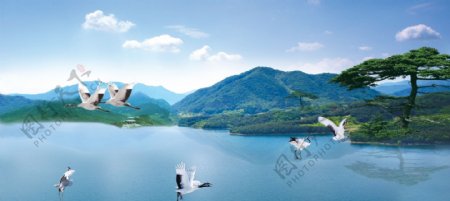 湖泊山水风景画广告素图片