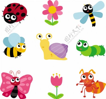 9款可爱昆虫和花卉矢量素材