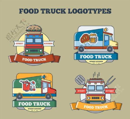 4款彩绘可移动餐车标志矢量素材