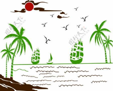 海边椰树风景矢量图
