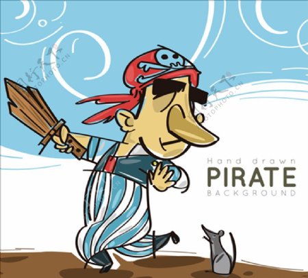 手绘海盗和一只老鼠的背景