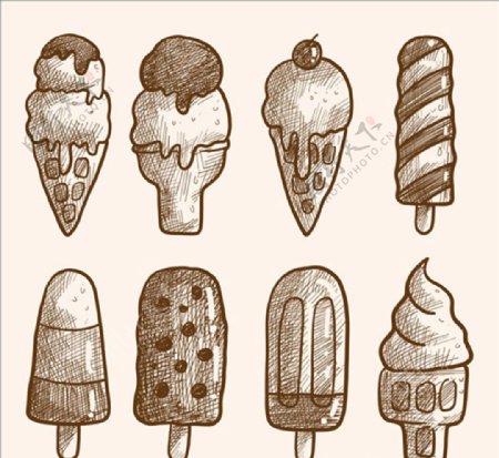 一组美味的手绘冰淇淋