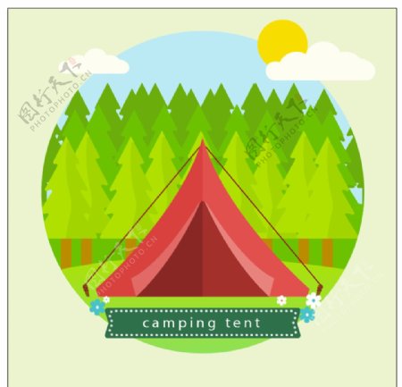 红色的野营帐篷松树背景
