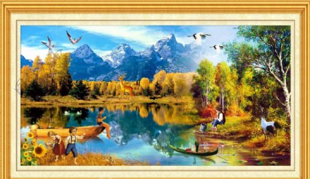 湖泊风景油画