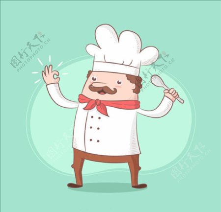 手绘卡通拿勺子的胖厨师