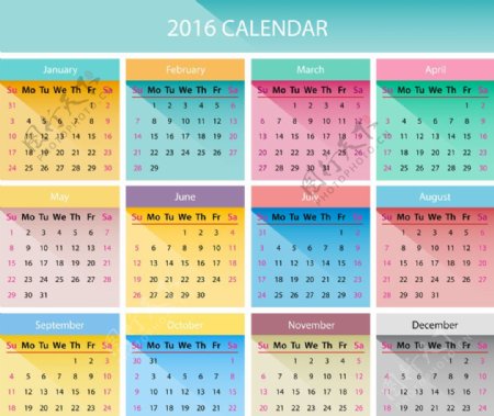 彩色2016年日历表