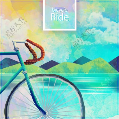 水彩山地自行车海报