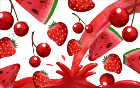 手绘水彩樱桃西瓜草莓汁插图