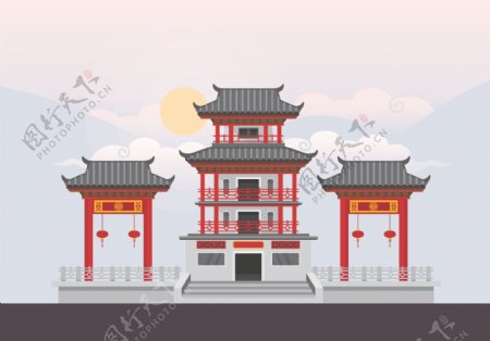 中式庭院中国风建筑矢量图