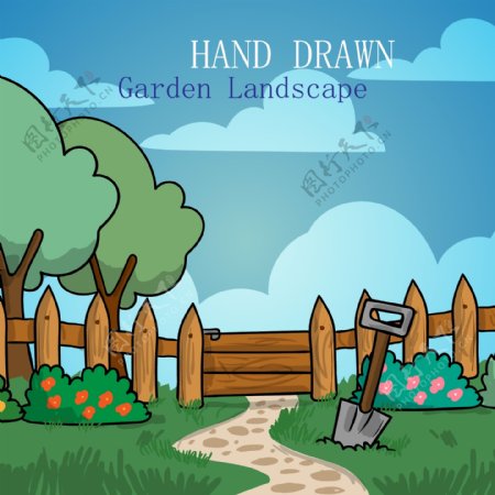 手绘花园风景设计矢量素材