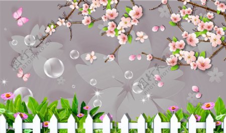 3D篱笆花卉背景墙