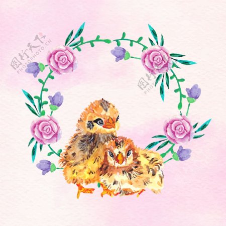 手绘水彩复活节花环小鸡