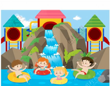 卡通儿童节快乐游泳的孩子