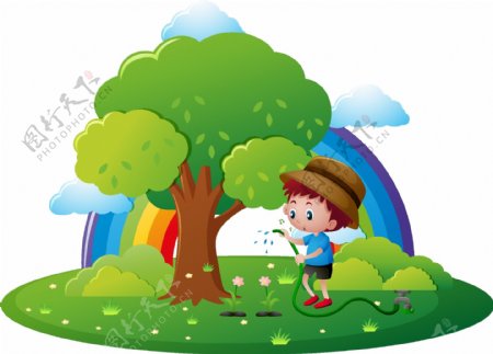 卡通儿童节浇花种树的孩子