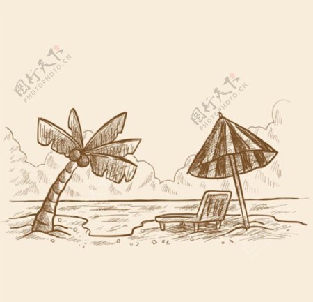 手绘素描棕榈树海滩