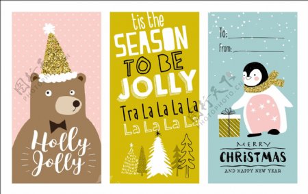 彩色动物线稿圣诞节创意卡片矢量