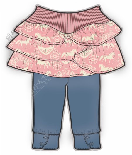 粉色裙裤小女生服装设计彩色矢量原稿