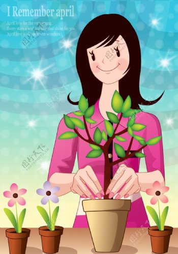 种植盆栽的矢量卡通女孩