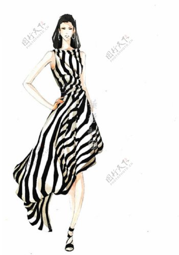 黑白条纹长裙手绘图