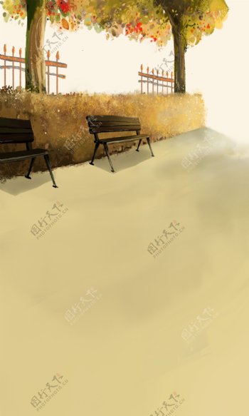 公园里的长椅插画影楼摄影背景图片