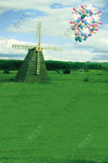 蓝天白云风车气球影楼摄影背景图片