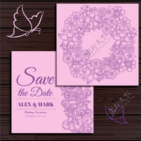 紫色花纹婚礼请贴图片