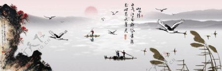 烟雾缭绕湖面海鸥装饰画