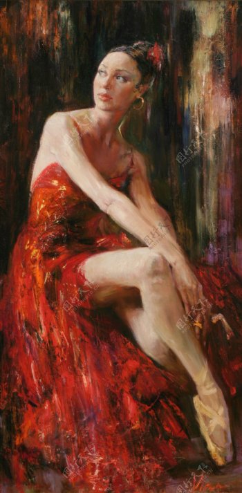 红色礼服裙的芭蕾舞演员油画图片