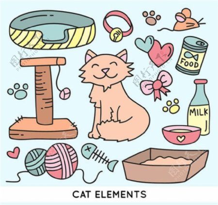14款可爱猫咪与宠物用品矢量图