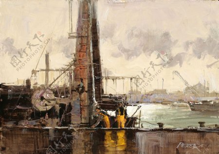 码头帆船油画图片