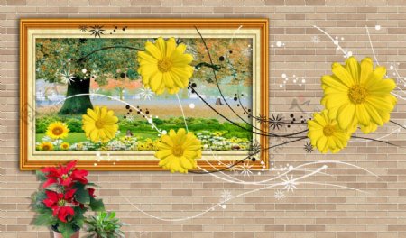仿古砖花卉背景墙