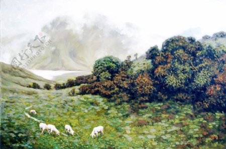 吃草的羊群风景油画图片