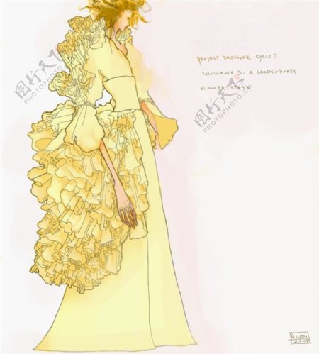 黄色时尚长裙设计图