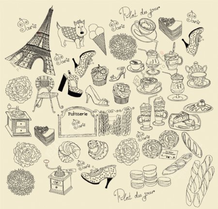 手绘巴黎风情元素图片