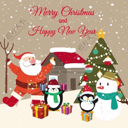 圣诞贺卡设计与企鹅和圣诞老人免费矢量