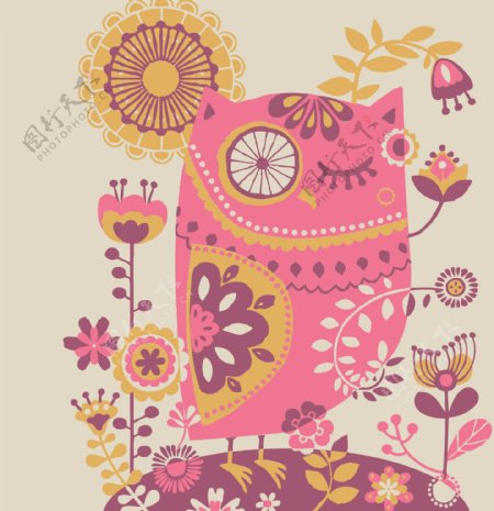 猫头鹰可爱粉色植物动物图案矢量素材