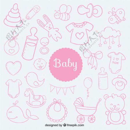 粉色婴儿用品无缝背景矢量图图片