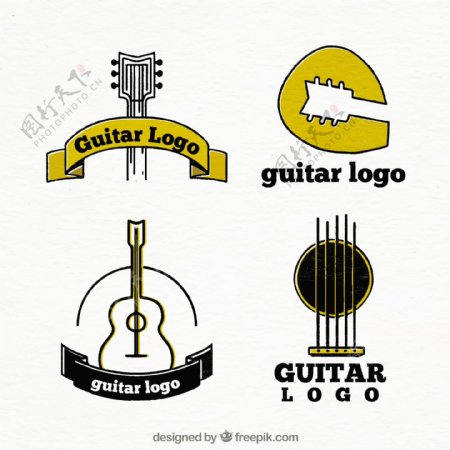 设置四个黄色细节的吉他标志