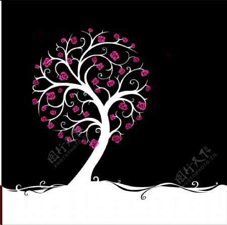 梅红花树黑色背景装饰画