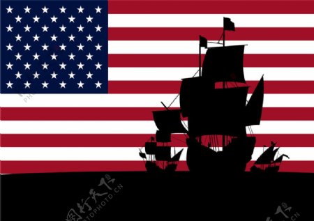 美国国旗上的船只黑影图片