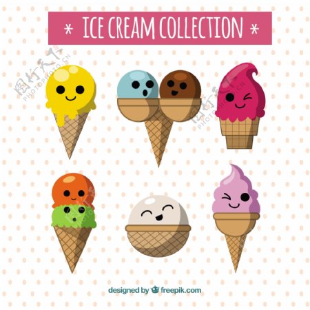 梦幻般的六个冰淇淋人物表情图标矢量素材