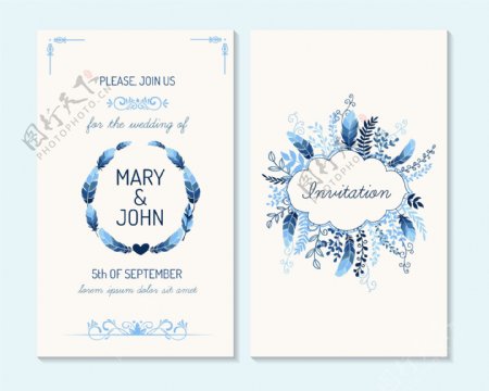 蓝色植物花朵婚礼贺卡模板下载