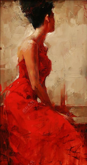 坐着的红裙美女油画图片