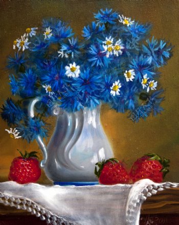 蓝色水彩花朵油画图片